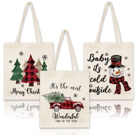 Whaline 3Pcs Christmas Canvas Tote Bags Plaid Xmas Tree Truck Snowman Grocery Shopping Bag Xmas Winter Reusable Gift Goodie Bag for Gifts Wrapping Storage, 13.4 x 15.8in