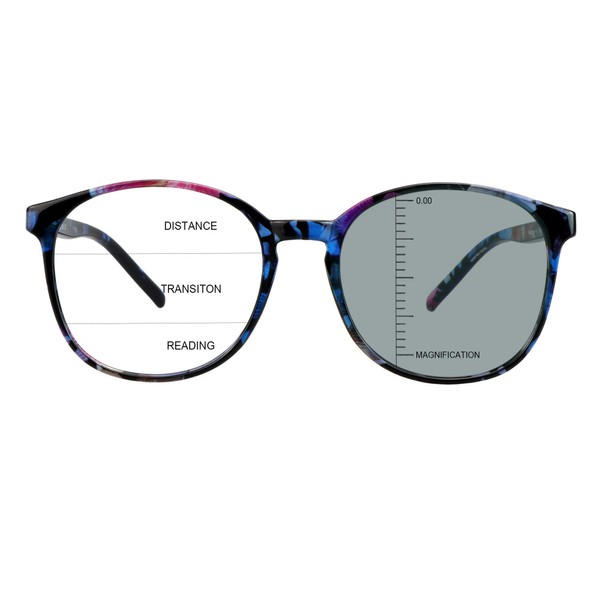 LAMBBAA Vintage Round Progressive Multifocal Presbyopic Glasses, Photochromic Gray Sunglasses for Men Women Readers (+0.00/+1.00 Magnification)