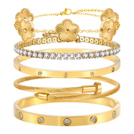 Stackable Gold Bracelets Set for Women, 18K Gold Plated Stainless Steel, Crystal Bangle and Clover Chain Bracelet Collection (Gold Clover Bracelet Collection)
