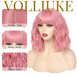 VOLLIUKE Short Pink Bob Wavy Wig with Bangs for Women Shoulder Length Women's Charming Synthetic Wigs with Natural Wavy Pink Heat Resistant Fiber Wig for Daily Party Use