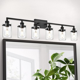 VINLUZ Classic Bathroom Lighting Fixtures 6-Lights in Matte Black Finish,Farmhouse Metal Vanity Lights Over Mirror with Clear Glass Shade Interior Wall Sconces