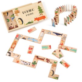 OESSUF 28pc Wooden Animal Domino Set - Forest & Ocean Theme Montessori Toys for 3+ Years, Toddler Stacking Blocks, Educational Puzzle Game with Storage Box, Kids Birthday Gift