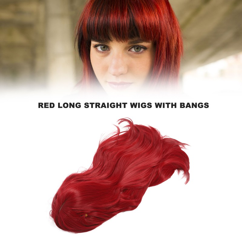 Red Long Straight Wigs with Bang Synthetic Heat Resistant Breathable