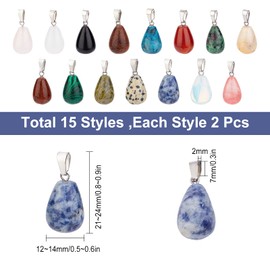SUNNYCLUE 1 Box 15 Styles 30Pcs Water Drop Stone Pendants Chakra Teardrop Semi-Precious Healing Gemstone Charms Pendant Bulk for Adults DIY Choker Necklace Jewelry Making Crafts