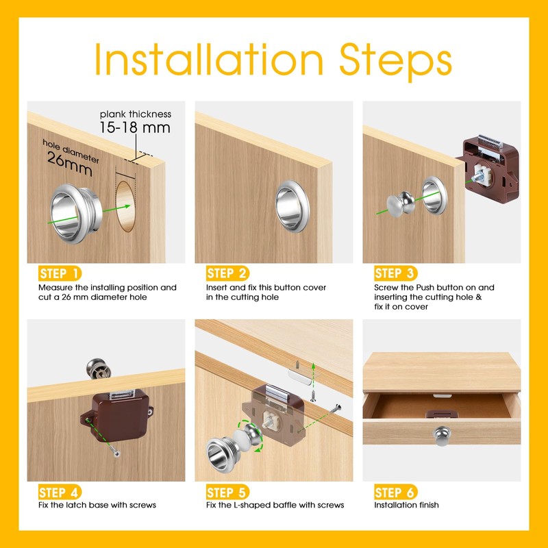 SUPAWAY Set of 2 Push Button Locks, Cabinet Lock Catch,
