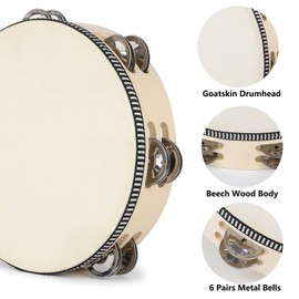 LIEKE Tambourine for Adult kids 8 Inch Goatskin Hand Held Drum with 6 Pairs Double Row Metal Jingles for Church Music Classroom Dance Party Game Props (8 inch)
