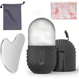 Juego de herramientas de masaje facial de dos piezas: Set de rodillo de silicona y raspador de acero inoxidable con bolsa de almacenamiento, herramien