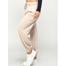 IUUI Women's High Waisted Fleece Sweatpants - Casual Baggy Joggers with Pockets, Foldable Warm Lounge Pants Cream