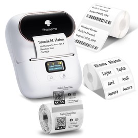 Phomemo M110 Label Printer - Bluetooth Portable Label Maker No Ink, Mini Barcode Label Printer for Retail, Address, Barcode, Home, for PC/Mac, iOS/Android with 3pack Most Used Labels, Snow White