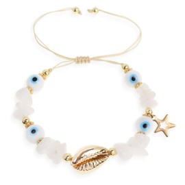 Frigotine Blue Evil Eye Crystal Beaded Production Ankle Bracelets for Woman, Gold Puka Seashell Cowrie Star Charm Surfer Beach Adjustable Anklets Bracelet Friendship Jewelry Gifts