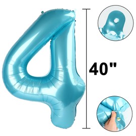 Light Blue Number 4 Balloons 40 Inch Big Foil Number Balloons Giant Balloon 14th 24th for Boys Girls Baby Shower Anniversary Decorations, Photo Backdrop Props