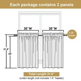 Lecloud Bessie - Cortinas de cocina doradas de 30 pulgadas de largo, 2 unidades, filtrantes de luz, cortinas cortas, doble bolsillo para barra, tratamientos de ventana para recámara, sótano, baño