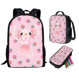 ZPINXIGN Pink Strawberry Backpack Purse for Teen Girls Axolotl Backpack with Lunch Box Pencil Case Kids School Bag Age 8-10 Elementary Middle School Book Bag