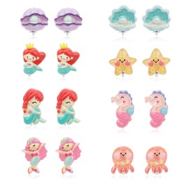 8 Pairs Princess Clip Earrings, Cute Dress up Jewelry Accessories Non Pierced Earrings Clip On Earring and Earring Stud Set Unicorn Mermaid Shell Clip on Earrings for Party Favor Gift