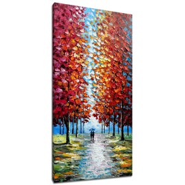 Alenoss Hand Painted 3D Abstract Oil Paintings on Canvas 24x48 Inches Large Modern Forest Landscape Vertical Red Canvas Wall Art Framed Artwork for Living room Bedroom Tree Art Decor