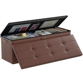 DocSafe Storage Ottoman Bench,Fireproof＆Waterproof Folding Storage Bench with Lock(15”x 43”x15”),Leather Storage Chest with Handles＆2 Extra Storage Boxes,Storage Safe for Bedroom,Living Room,Brown