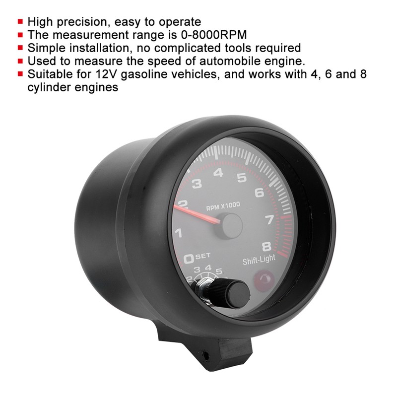 3.75in Black Racing Car Tachometer 0‑8000 RPM 12V Universal Automobile