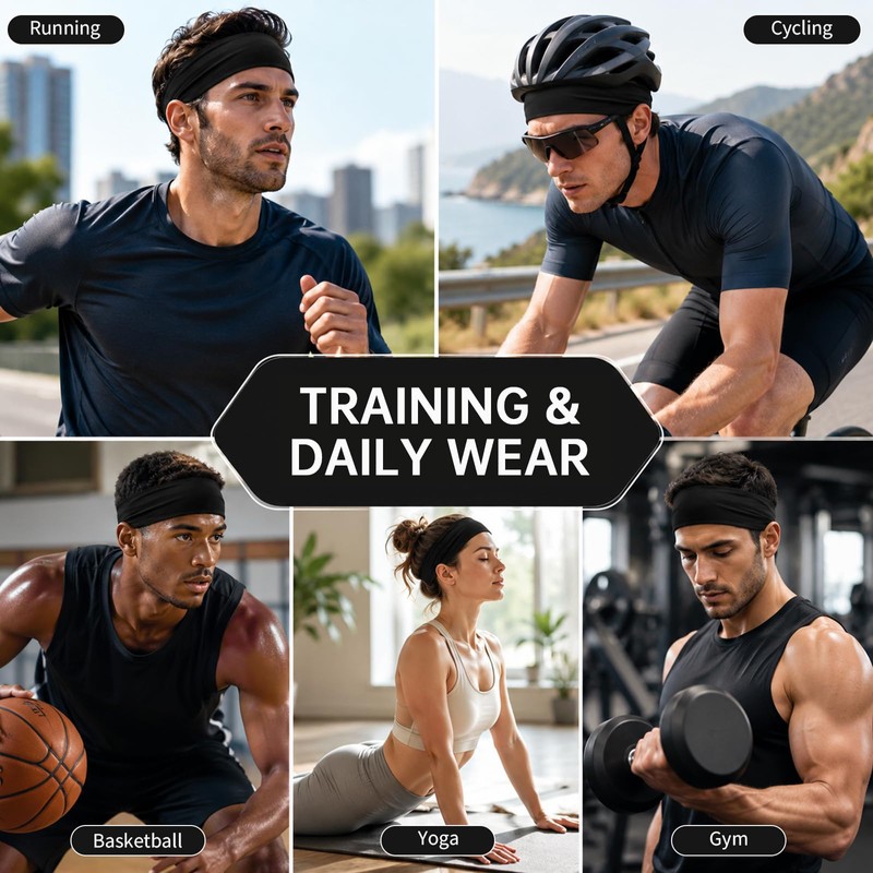 2 Pack Running Headbands Men,Wide Head Sweatband Sweat Bands(Black)