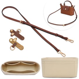4 pcs Leather Strap Conversion Kit and Felt Bag Organizer, CNYMANY Mini Leather Tote Bag Shoulder Strap Replacement set and Felt Purse Insert Organizer Compatible with Longchamp Mini Handbag - Brown