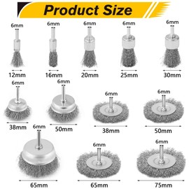 Idota Pack of 12 Wire Brush Drill, Round Shaft 6 mm Steel Brush, Stainless Steel, Wire Brush, Cordless Screwdriver for Polishing/Grinding/Rust Removal/Cleaning