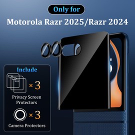3+3 Pack for Motorola Razr 2025/Razr 2024 Front Privacy Screen Protector + Camera Protector,3D Curved Full Cover Tempered Glass,[Anti-Spy] Bubble Free Screen Protector for Razr 2025/Razr 2024