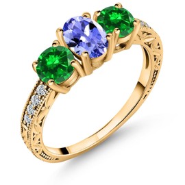 Gem Stone King 2.55 Cttw Blue Tanzanite and Green Simulated Emerald 18K Yellow Gold Plated Silver 3-Stone Ring for Women | Gemstone Birthstone | Available In Size 5, 6, 7, 8, 9
