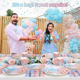 Lopeastar 175Pcs Bear Gender Reveal Decorations Plates Set, Boy Or Girl Gender Reveal Decorations Pink Blue Teddy Bear Plates Napkins Cups and Cutlery for 25 Guests