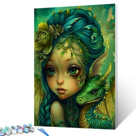 Girl with Green Dragon Paint by Numbers Kits 16x20 inch Canvas DIY Oil Painting for Kids, Students, Adults Beginner with Brushes and Acrylic Pigment-Dreamy Portraits Rococo Anime Style(Without Frame)