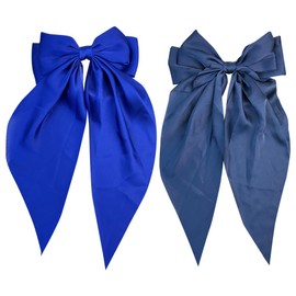 2 Pcs Big Satin Hair Bow Clips Large Layered Hair Bows Ribbon Hair Barrettes Soft French Hair Bows Ribbon Bowknot Hair Clips for Girls Women Royal Blue and Navy Blue