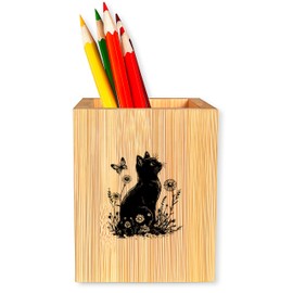 BJDAMAI Cat Pen Holder Cup for Desk, Wood Pencil Cup Holder for Office Pen Organizer, Home Desk Decorative Accessories Gifts Stuff for Women Girls!