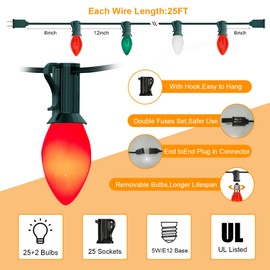 Oviejo C7 Christmas Lights Multicolor, 25Ft C7 Red/Green/White Vintage Christmas Lights 27 Multicolor Incandescent Lights Bulbs, Christmas Tree Lights for Holiday Party Christmas Decorations