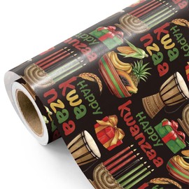 WRAPAHOLIC Kwanzaa Wrapping Paper Roll - Mini Roll - 17 Inch x 16.5 Feet - Fruits, Menorah and Happy Kwanzaa Wrapping Paper Perfect for African American Holidays, Christmas