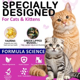 Cat Vitamins Treats, 15 in 1 Cat Multivitamin Chews Vitamins with Taurine, Omega Fatty Acids, Prebiotics for Health, Bones, Joint, Skin & Coat, Digestion, Immune Support(30 Day Supply)-2PCS