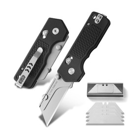 Utility Knife,Folding Box Cutter with Pocket Clip,Quick Change Blade Razor Knife with Rail Lock,Small EDC Knife with 4Pcs Extra Razor Blades,Ideal Gifts for Men Women（Black）
