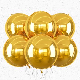 6Pcs Gold Round Foil Balloons,Giant 4D Round Ball Mylar Balloons 22 Inch for Birthday Wedding Graduation Prom Party Decorations
