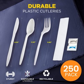 [250 Pack] Individually Wrapped Utensils - Prepackaged White Plastic Cutlery Set with Disposable Spoon, Fork, Knife, Napkin, Salt and Pepper Packets - Prewrapped to Go Silverware Utensil Packs