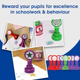 Xstamper Xclamations Teacher Stamp Set, 8 x Stamps and 2 x Highlighters (Impression Size: 22mm). Pre-Inked & Refillable Stamper for Marking School Work - Genuine Xstamper Self Inking Stamps