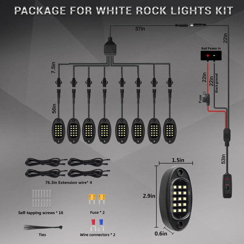 8 Pods White LED Rock Lights for with Switch Extension