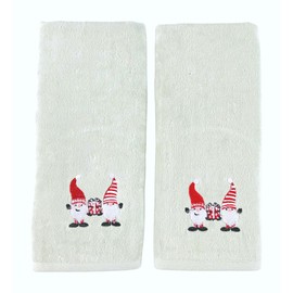 Christmas Gnomes Hand Towel Set: Light Grey Velour Bathroom Towels with Red White Embroidery Jolly Nordic Gnome Friends