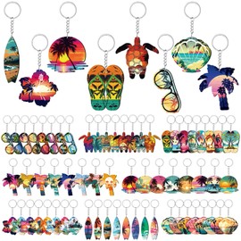 Ferreve 64 Pcs Summer Beach Favors Keychain Gifts Set Wooden Sea Turtle Surfboard Flip Flop Flower Shell Glasses Keychains Bulk Luau Pool Key Chains for Summer Tropical Hawaiian Party Supplies