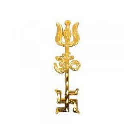 Medium sizeTrishakti Yantra Trishul (Trident) Om Swastika Yantra Spiritual Metal Wall Hanging Showpiece for Pooja Ghar Car Dashboard Hanging Size 6 Inch x 1 Inch Golden Color