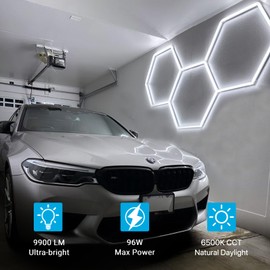 HYPERLITE Hexagon Garage LED Light, Upgraded 3 Level Dimmable 96W 9900LM Super Bright Garage Detailing Lights, 16 Pack Hexagon Shop Lights, Hexagon LED Lights for Garage, Gym, Shop