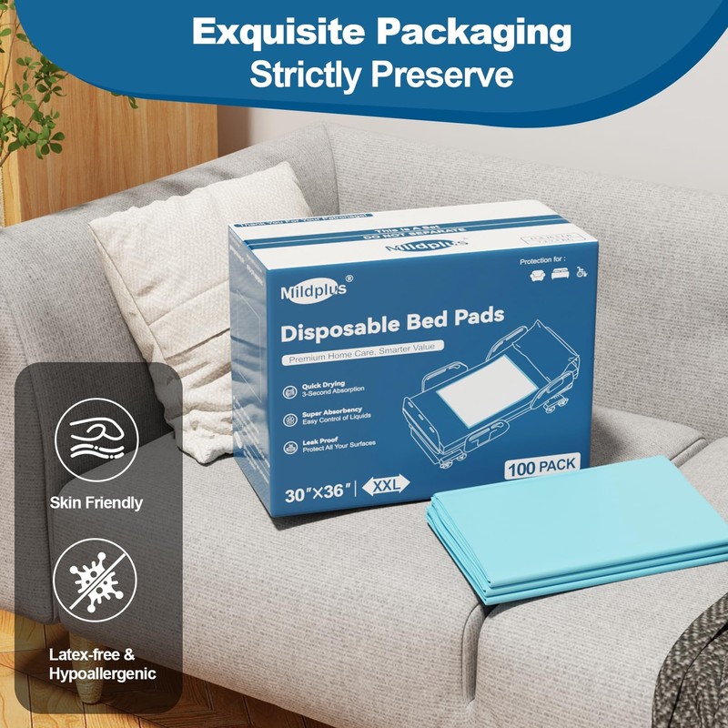MILDPLUS 100 Count Disposable Bed Pads 30''X36'', Super Absorbent Underpads