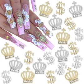 YAEISM 20PCS Dollar Sign Nail Charms Gold Silver Crown Nail Charms 3D Crystal Money Charms for Nails Luxury Nail Rhinestones for Nail Art and DIY Crafts Decoration