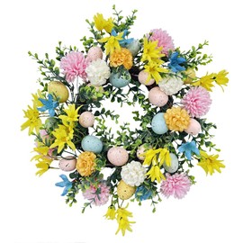 16 Inch Easter Wreath with Colorful Eggs and Flowers, Spring Decorative Easter Wreath for Front Door Indoor Home Party Decorarions