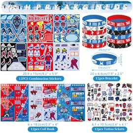LSJDEER 134 PCS Hockey Party Favors Set, 41 Stickers, 12 Goodie Bags,12 Button Badges,12 Slap Bracelets, 12 Tattoo Stickers, 12 Bracelets for Ice Hockey Sports Party Birthday Gift Supplies
