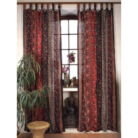 GURU SHOP Boho Patchwork Curtains, 1 Pair Bohemia Curtain Made of Sare Fabric, Unique 250 cm - Dark Red, Synthetic, Decorative Curtains