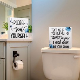 Jetec 2 Pieces Farmhouse Bathroom Signs Decor Wooden Box Sign Funny Bathroom Wall Art Rustic Wood Plaque Please Seat Yourself Decor for Home Restroom(Light Blue)