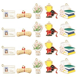 Stiesy 30Pcs 5 Styles Graduation Theme Enamel Charms Graduation Reel Bouquet Trophy Charm Pendant Student Card Book Bracelet Charms for Jewellry Making DIY Crafting Graduation Ceremony Gifts