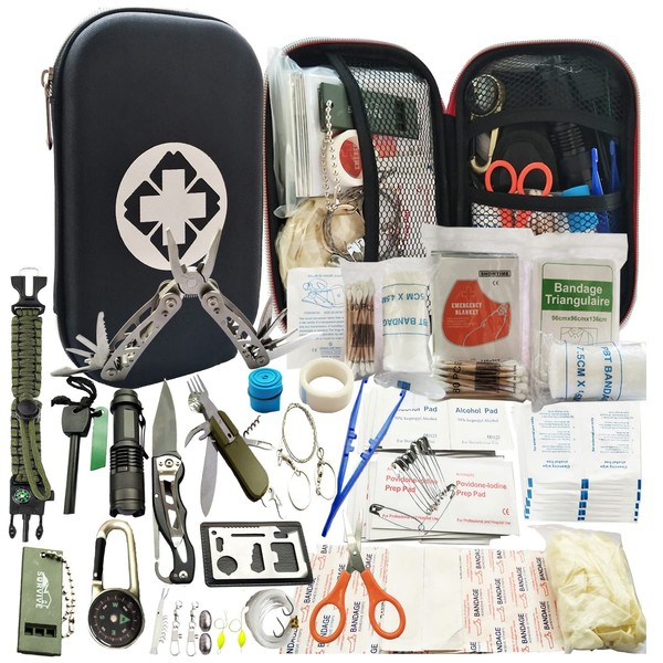 Emergency Survival Kit 241 in 1 Multi-Tool Speed Survival Kit, 241 Pcs Tactical IFAK Pouch Outdoor Gear Bag Emergency Trauma Bag for Hiking Camping Hunting Adventures, Black